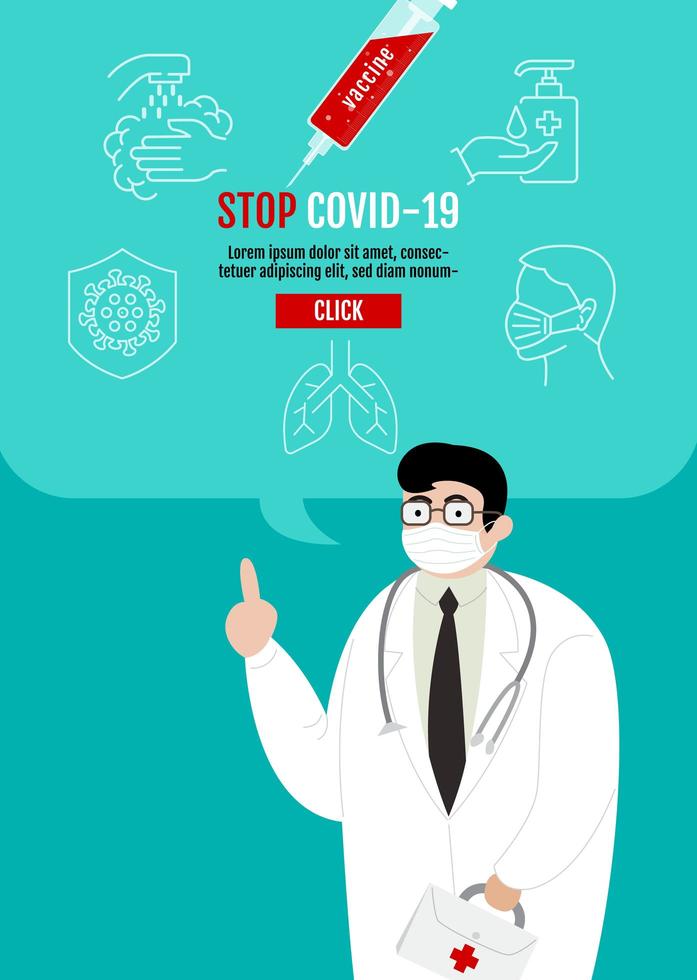 Cartel con un médico que muestra cómo protegerse del coronavirus vector