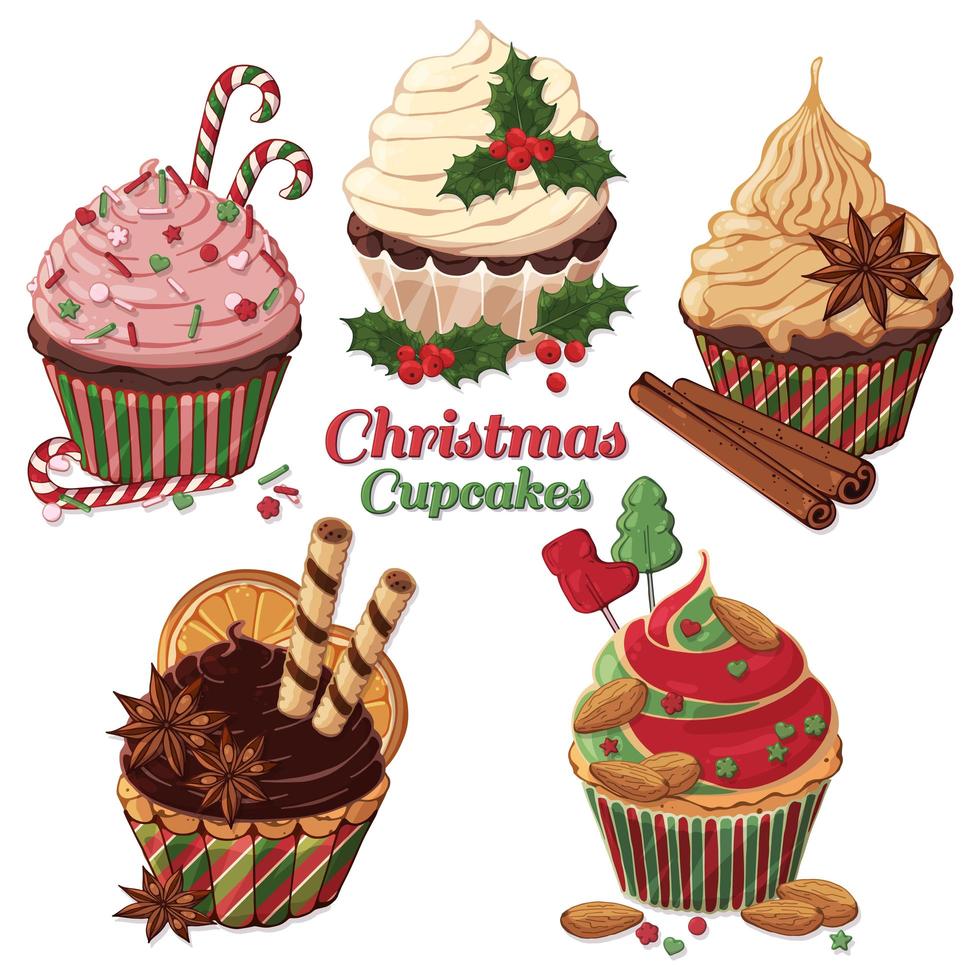 conjunto de cupcakes navideños decorados con dulces vector