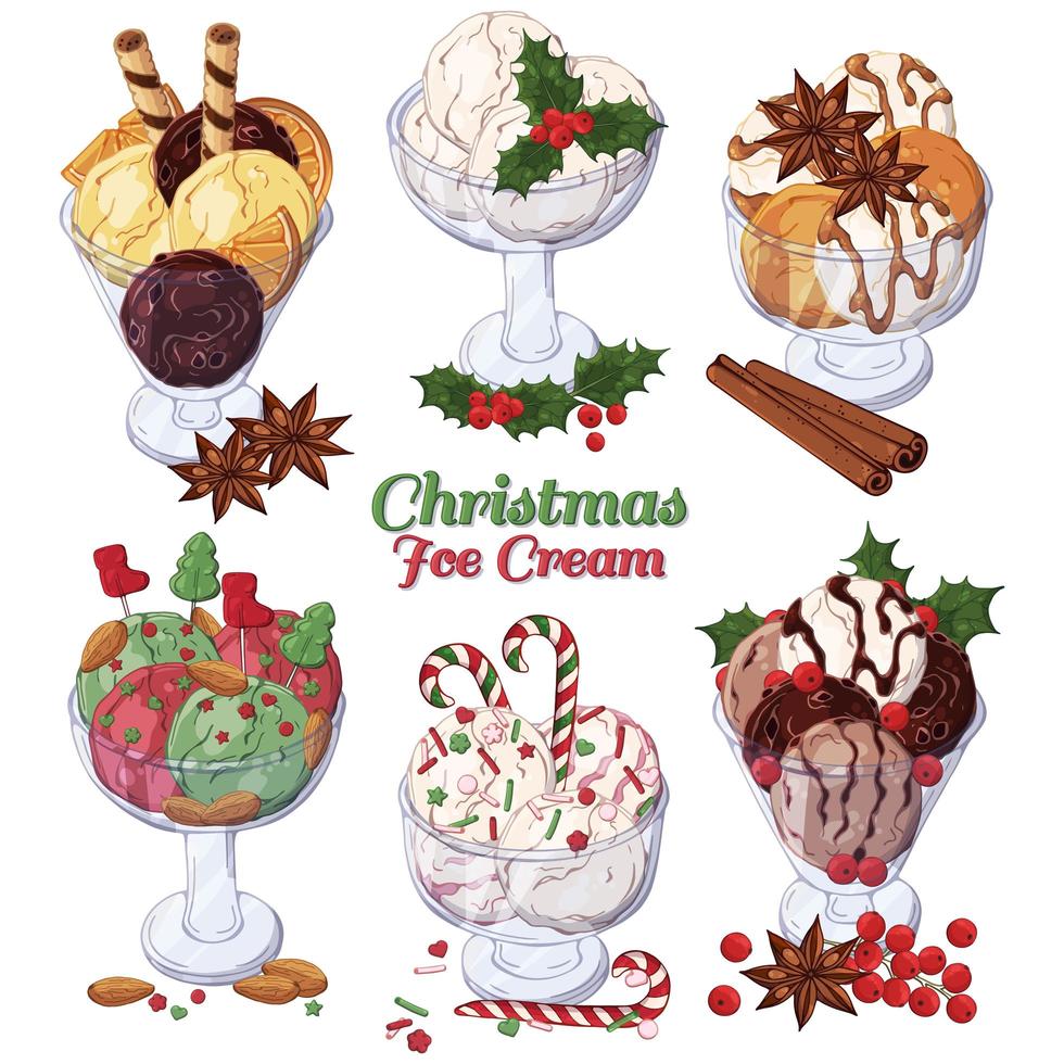 Group of vector colorful illustrations on the Christmas sweets theme, set of different kinds of ice-cream in bowls decorated with Christmas candies, fruits and nuts. Pictures contain realistic shadows and glare.
