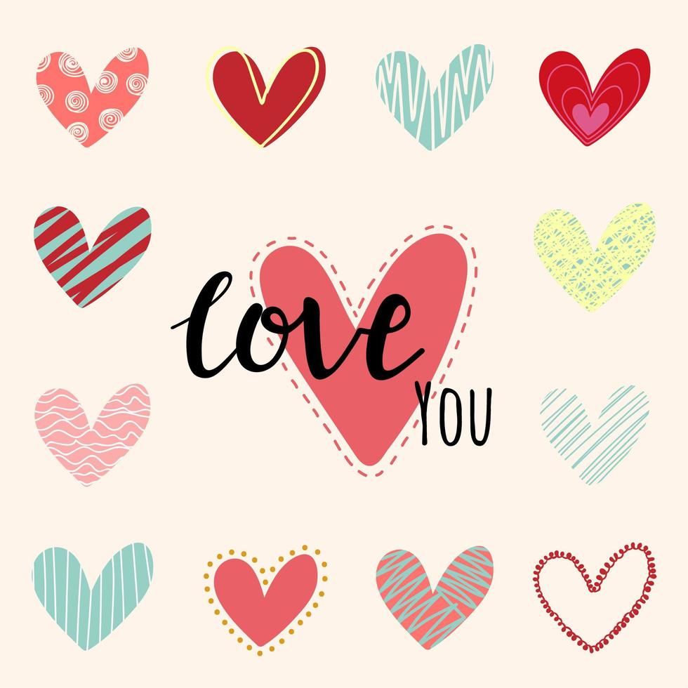 Love You Text with Hand Drawn Hearts vector