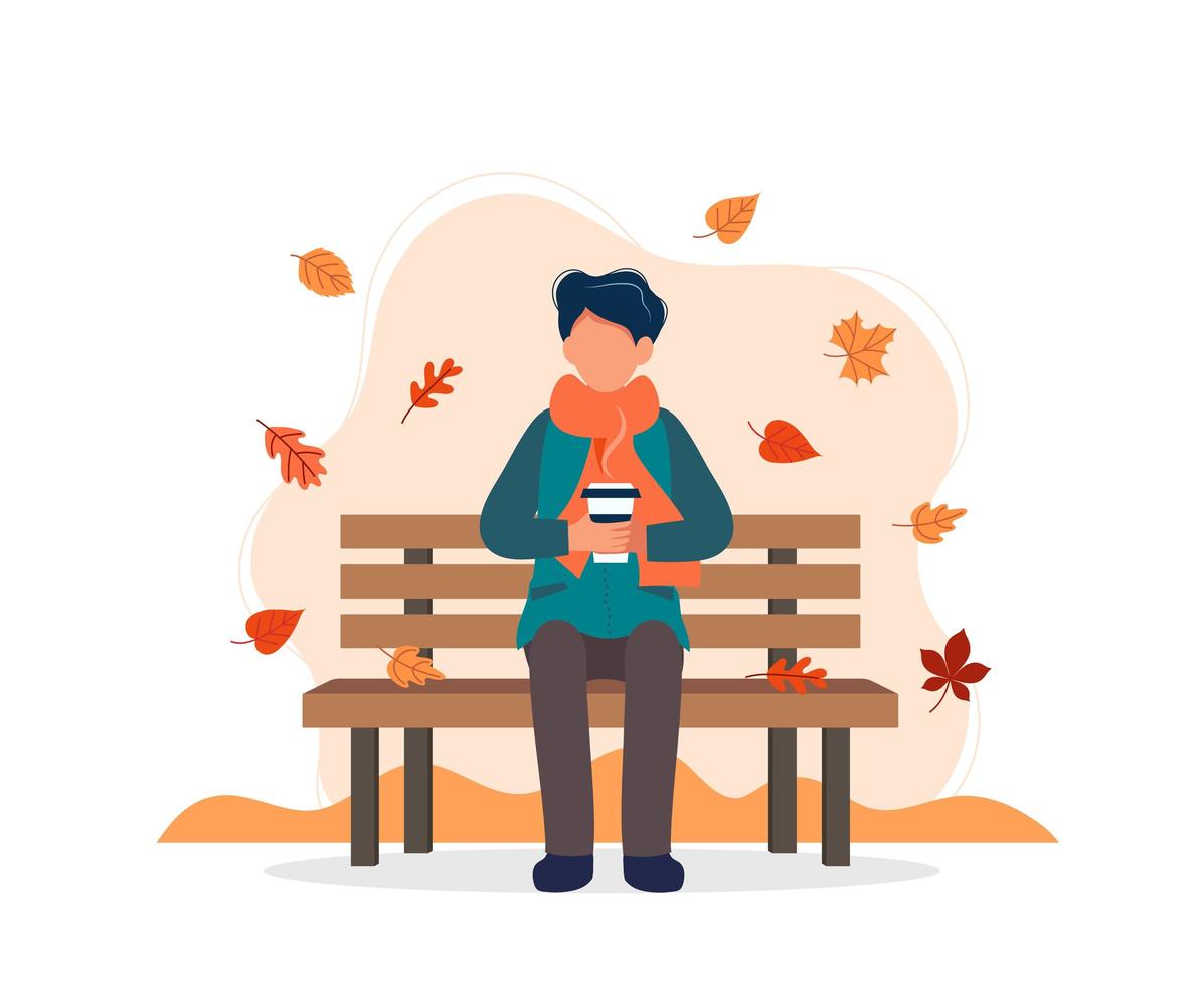 hombre con café en banco en otoño vector