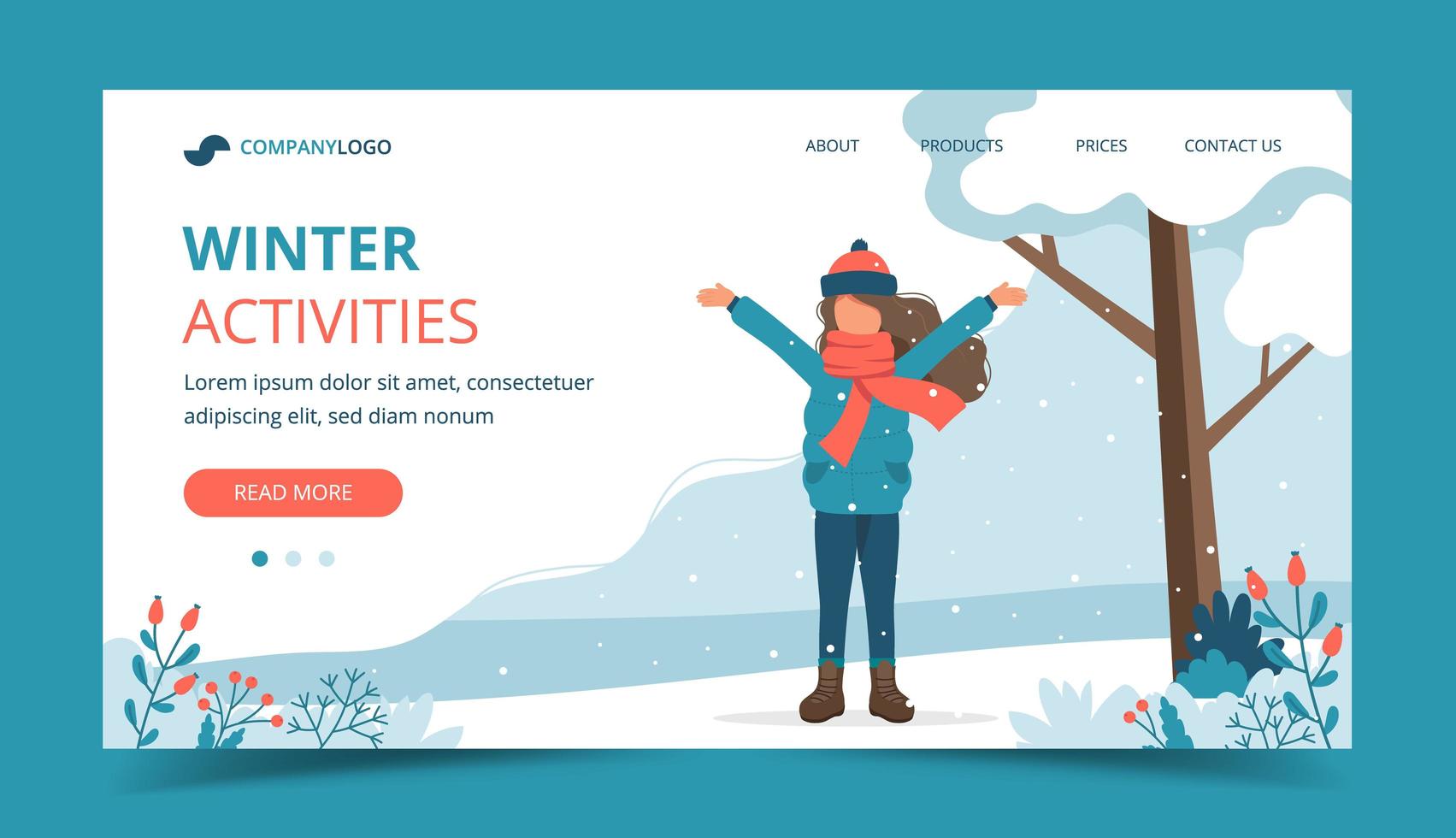 Girl playing in park in winter landing page vector