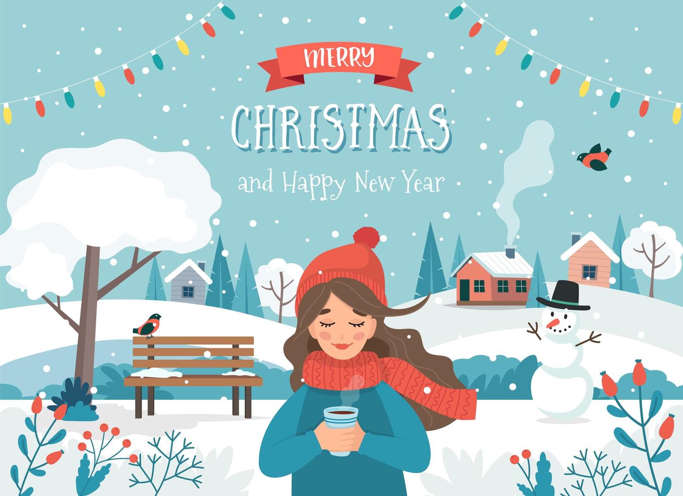 Feliz tarjeta de navidad con niña y paisaje de invierno vector