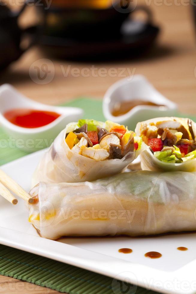 Portion of spring rolls on plate photo