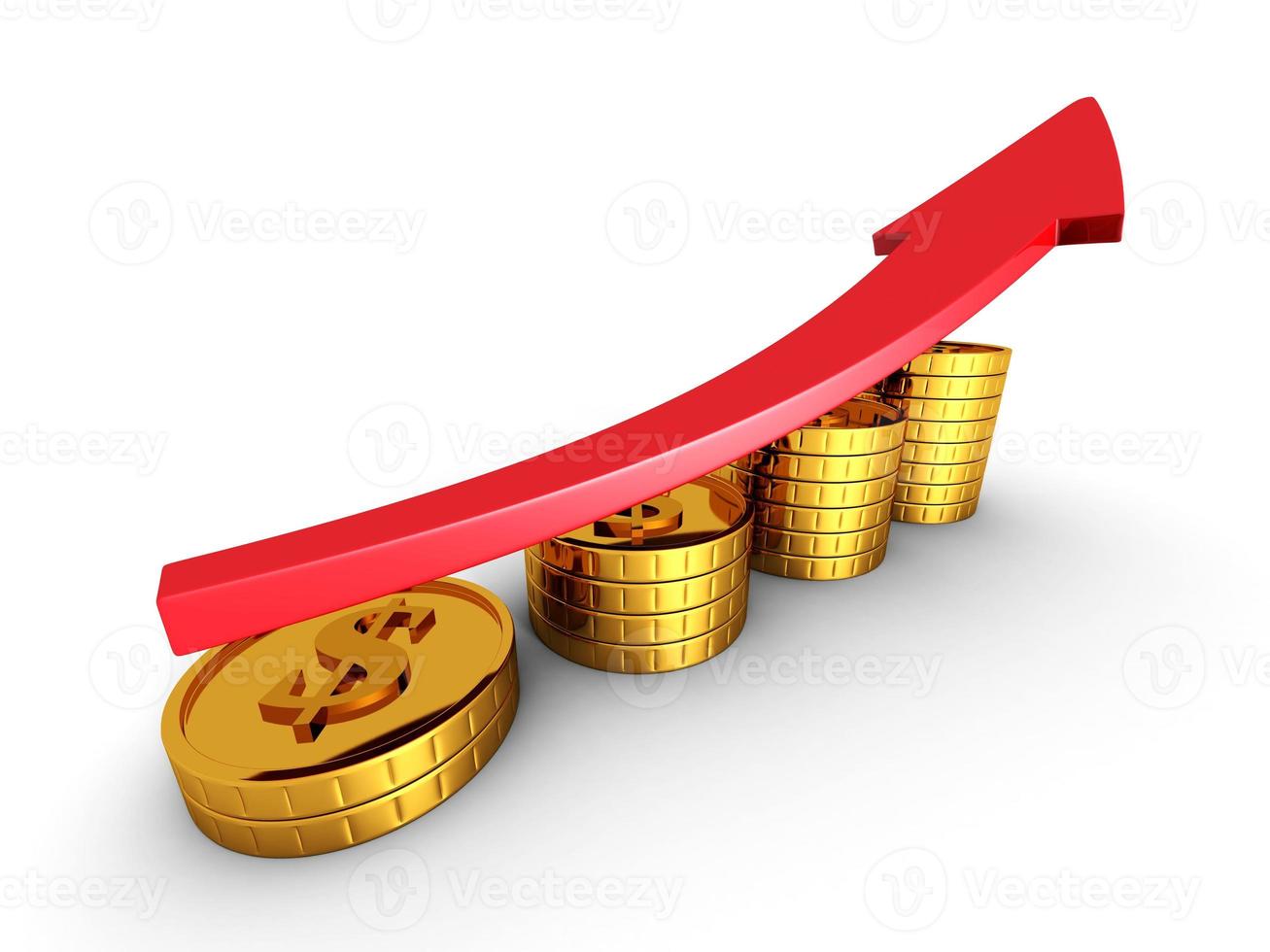 flecha roja y tabla de crecimiento de monedas de oro. concepto de negocio de éxito foto