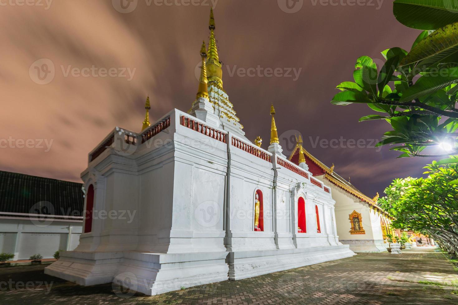 Wat jed yod , Beautiful white pagoda at twilight time photo