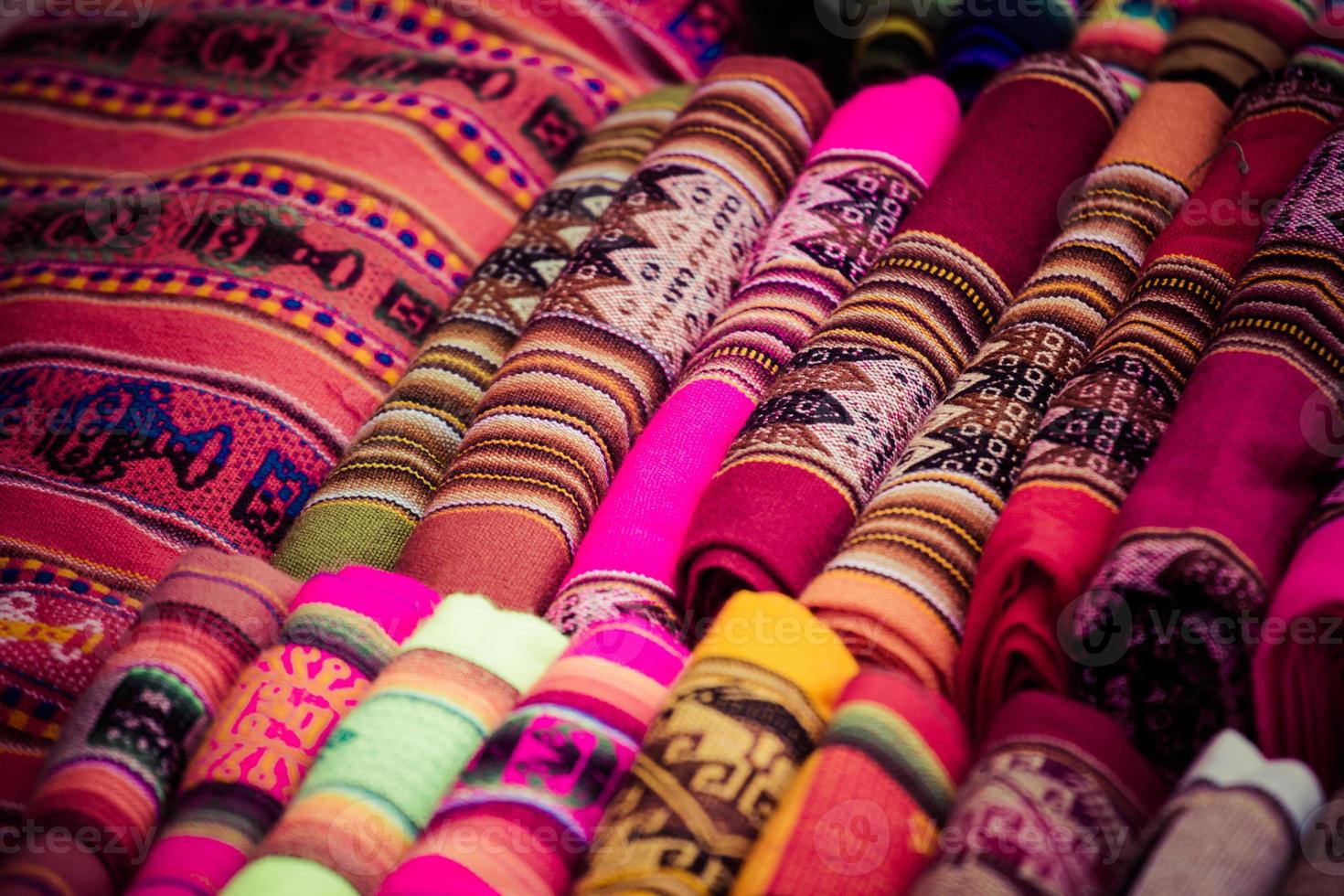 Colorful Fabric at market in Peru, South America photo