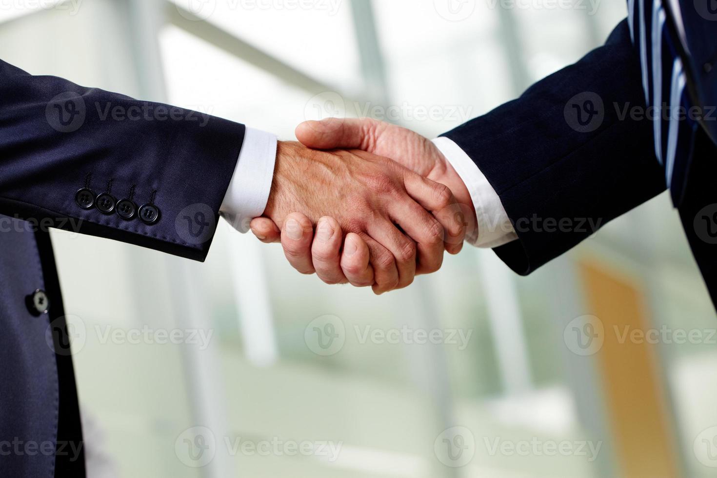 Two suited businessmen shaking hands firmly photo