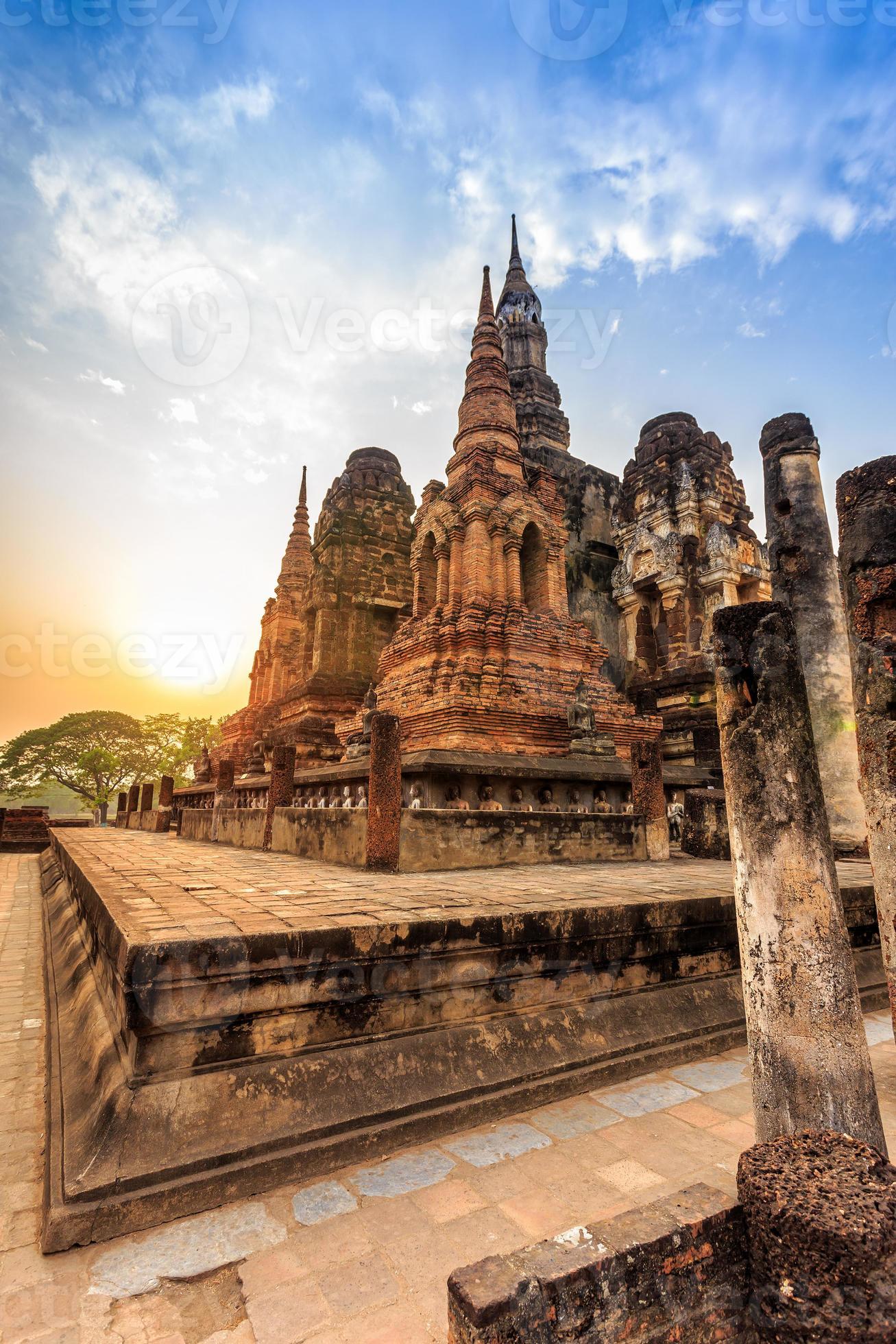 sukhothai historical park the old town of thailand on sunset photo