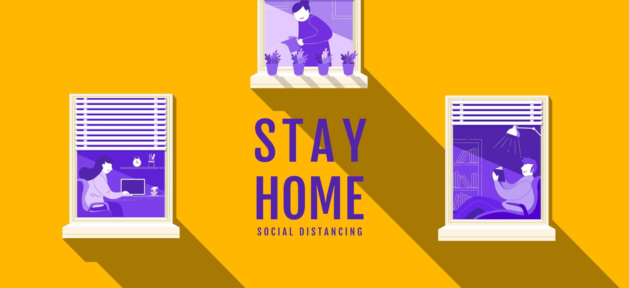 Social Distancing Banner with People in Windows vector