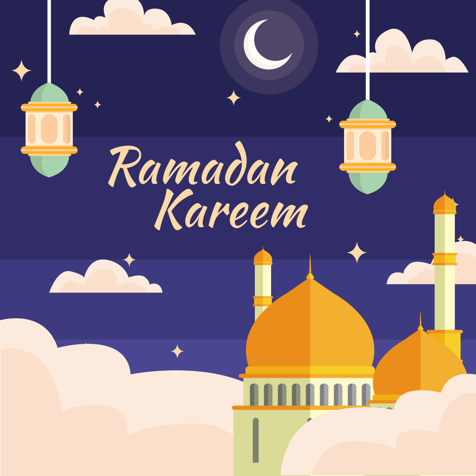 Ramadán Kareem con lámparas y mezquita vector