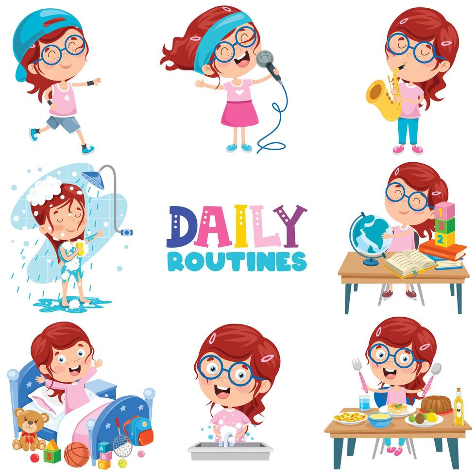 Little Girl Doing Daily Routine Activities vector