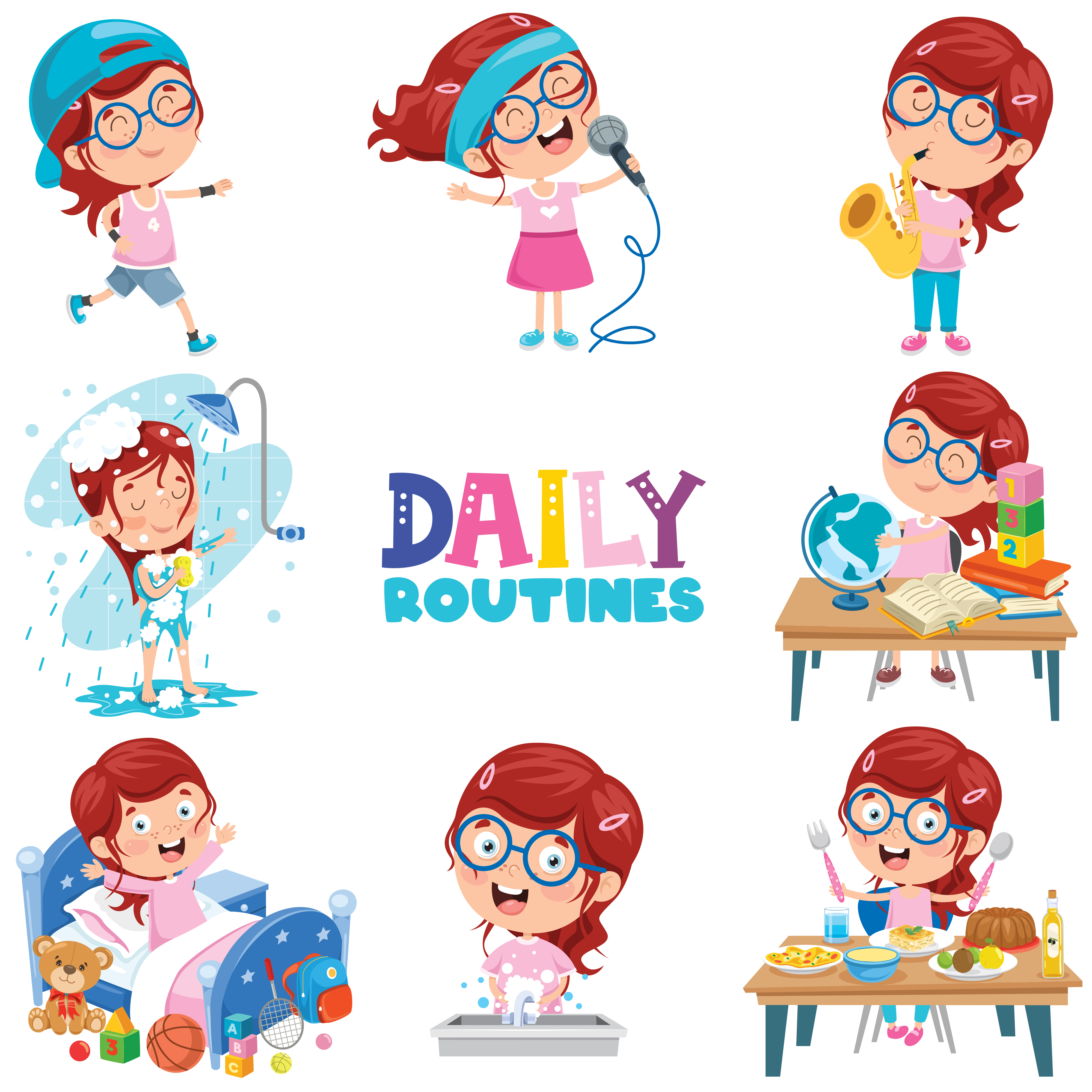 Little Girl Doing Daily Routine Activities 913527 Vector Art At Vecteezy