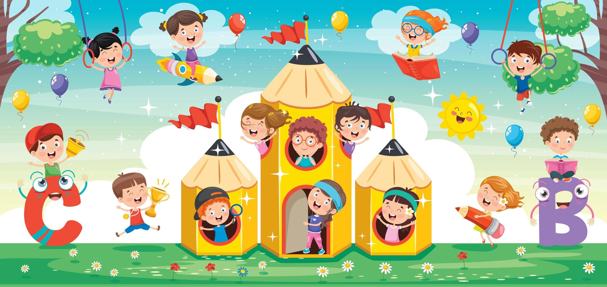 Cute Children Playing Around and on Pencils vector