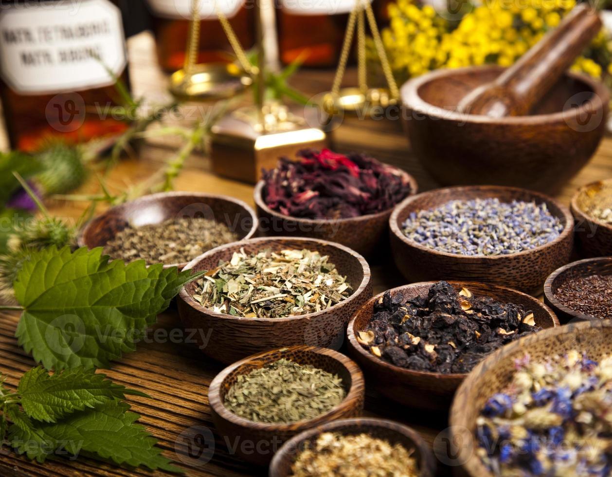 Natural medicine, herbs, mortar photo