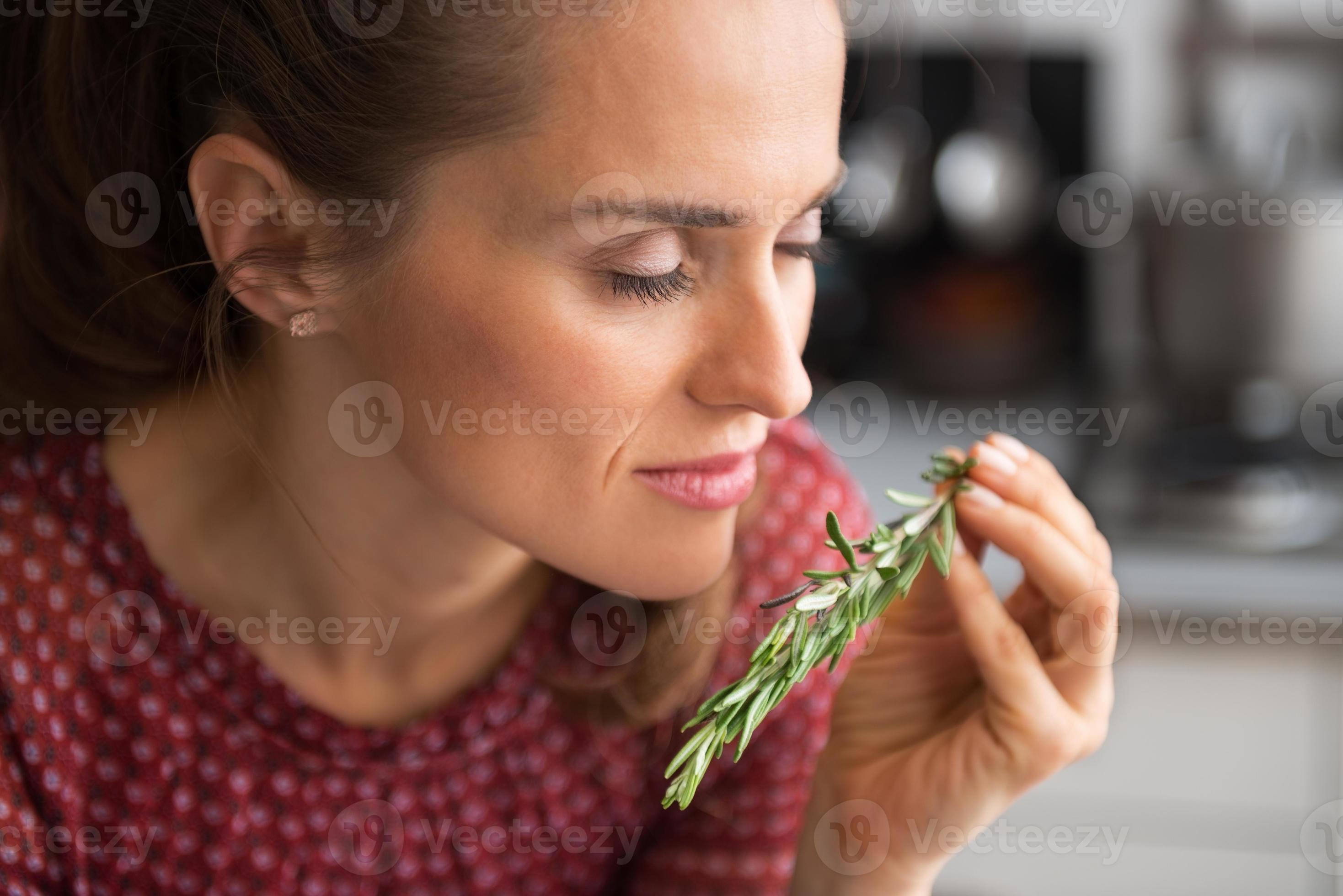 young housewife enjoying fresh rosmarinus photo