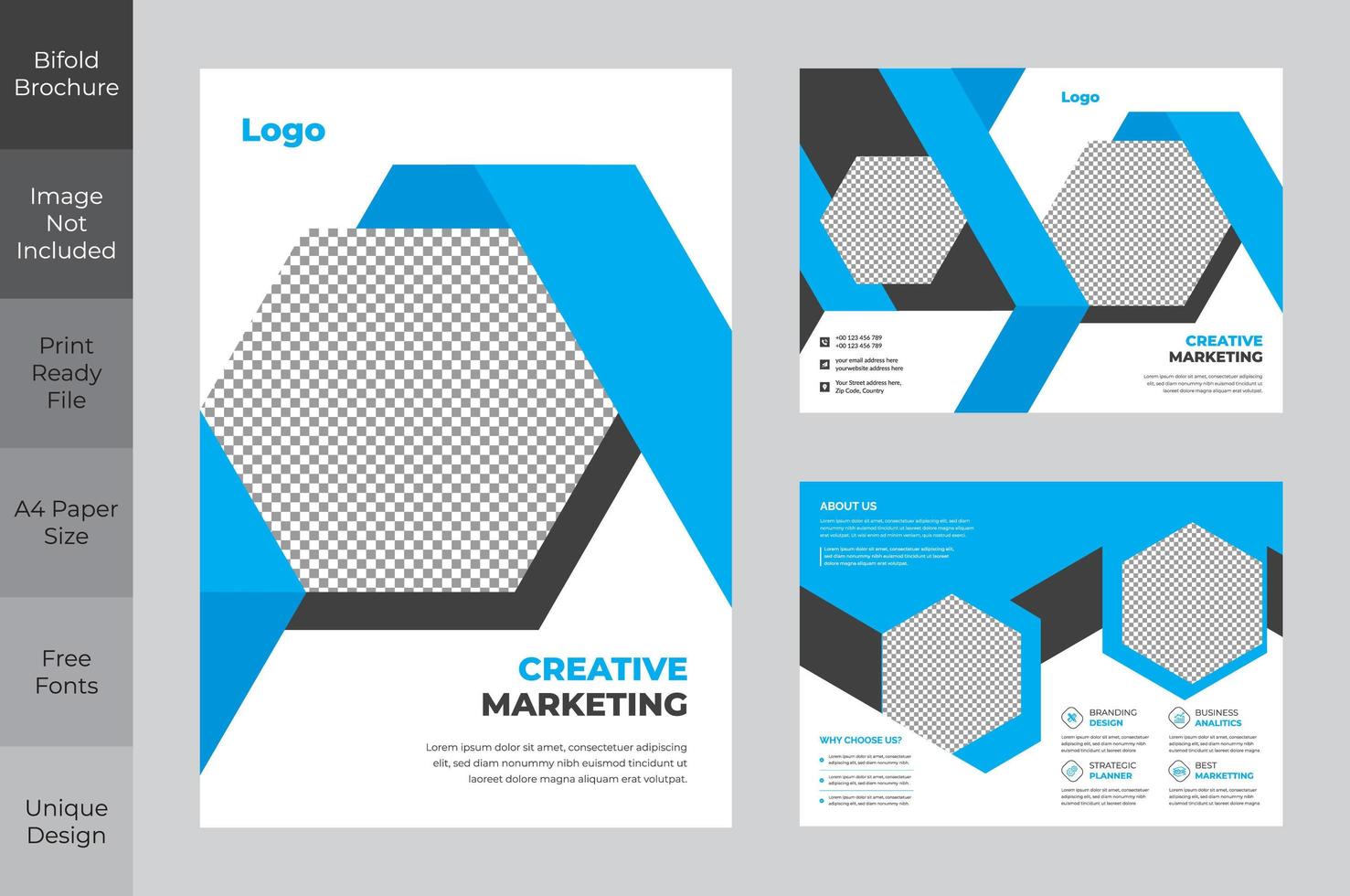 Bi-fold Blue and White Hexagon Design Business Flyer Template vector