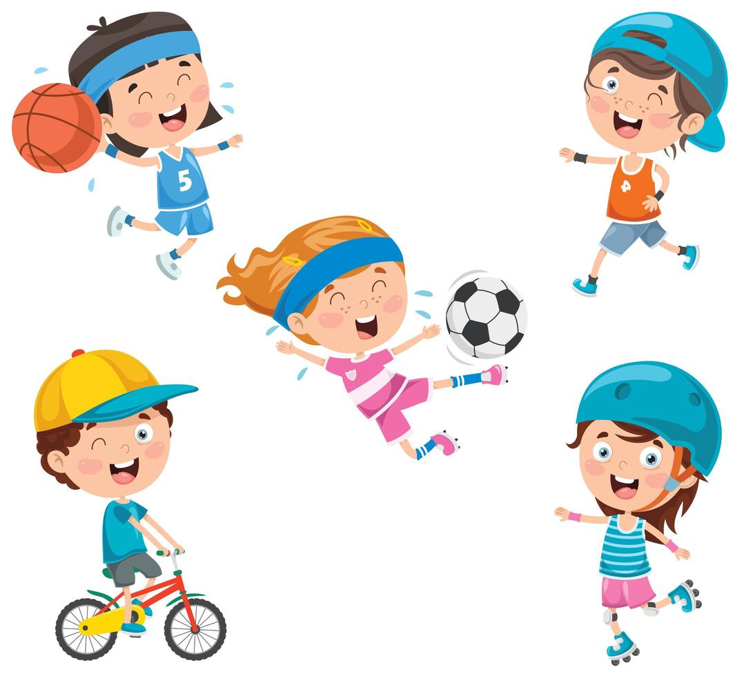 Conjunto de niños felices de dibujos animados jugando deportes vector