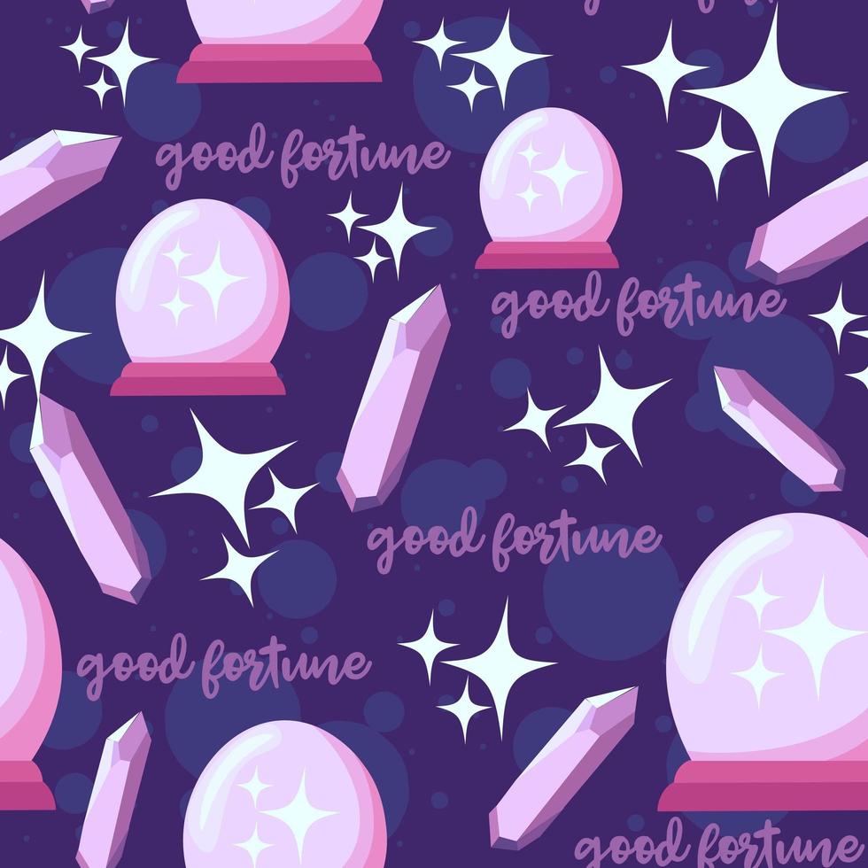 Galaxy themed seamless pattern with crystal ball telling, amethyst, stars and good fortune.  vector