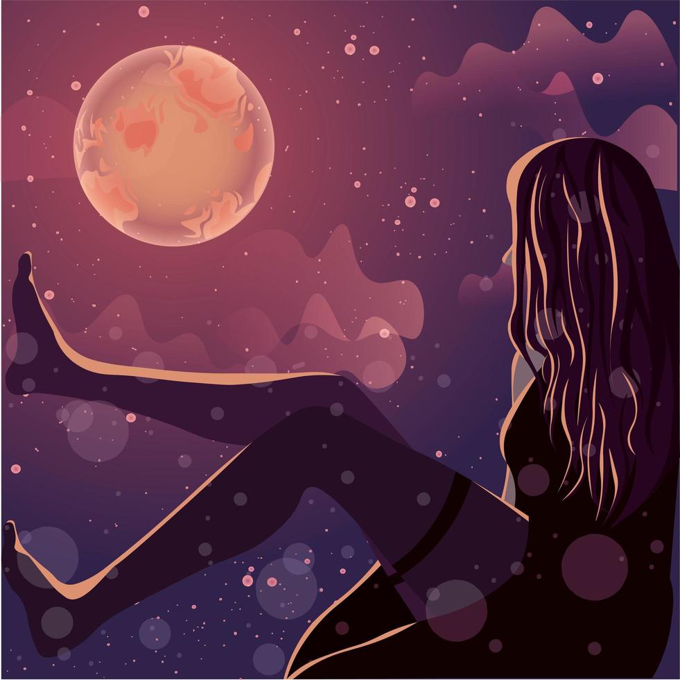 Female silhouette glowing under the moonlight.  vector
