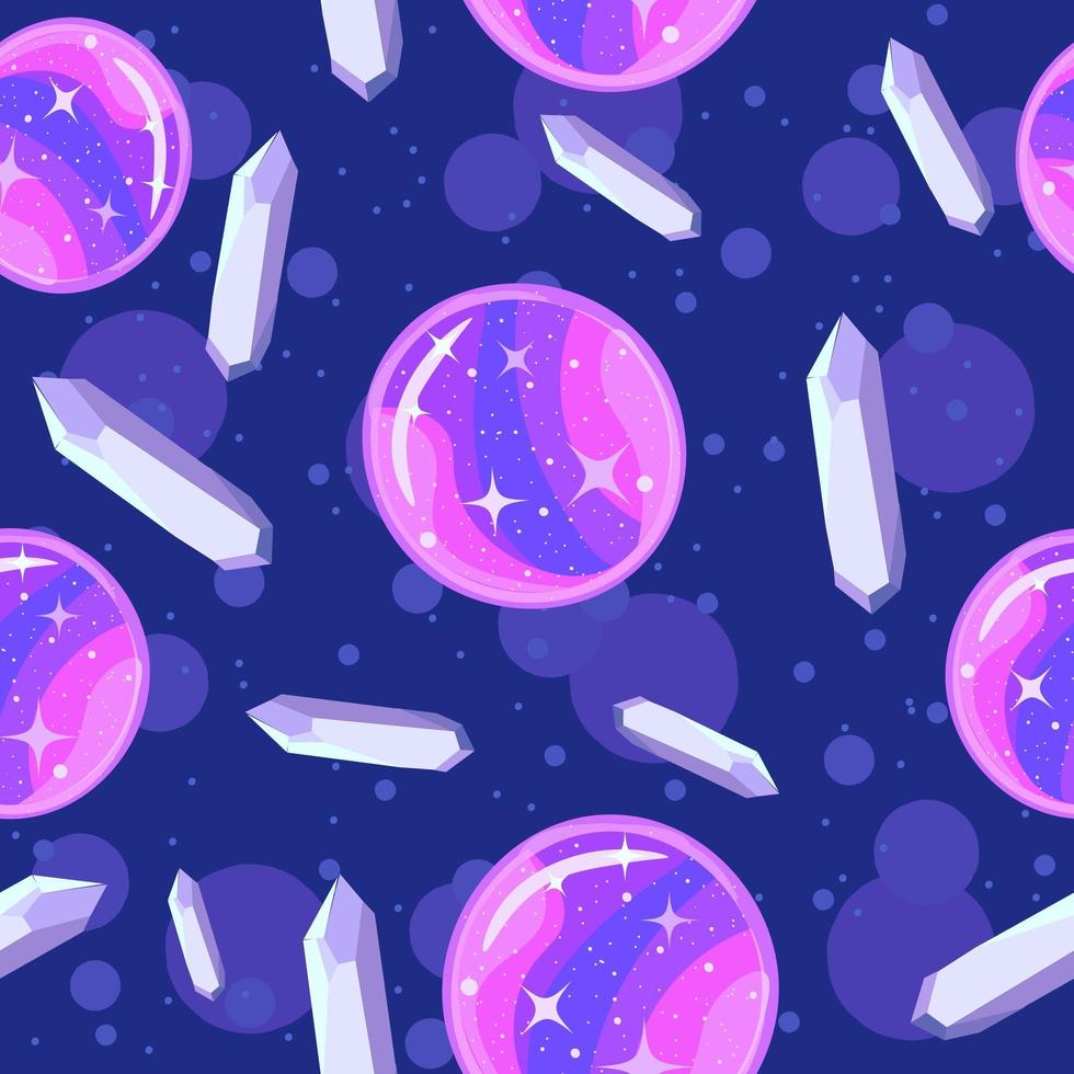 Moon shaped magic ball and amethyst crystal seamless pattern. vector