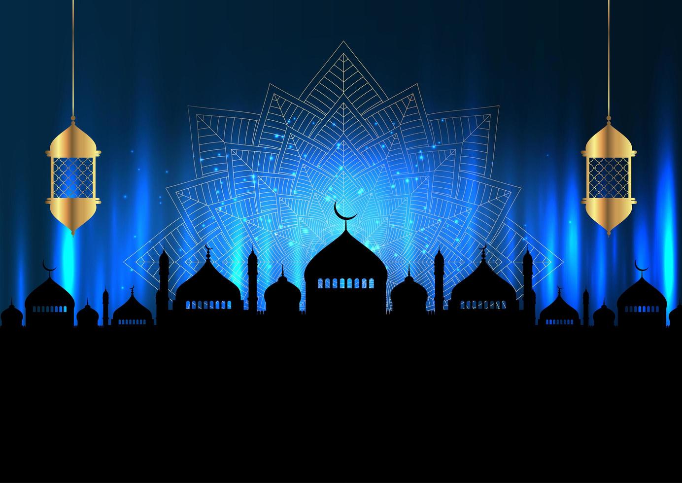 Fondo de Ramadán Kareem con silueta de mezquita y linternas vector