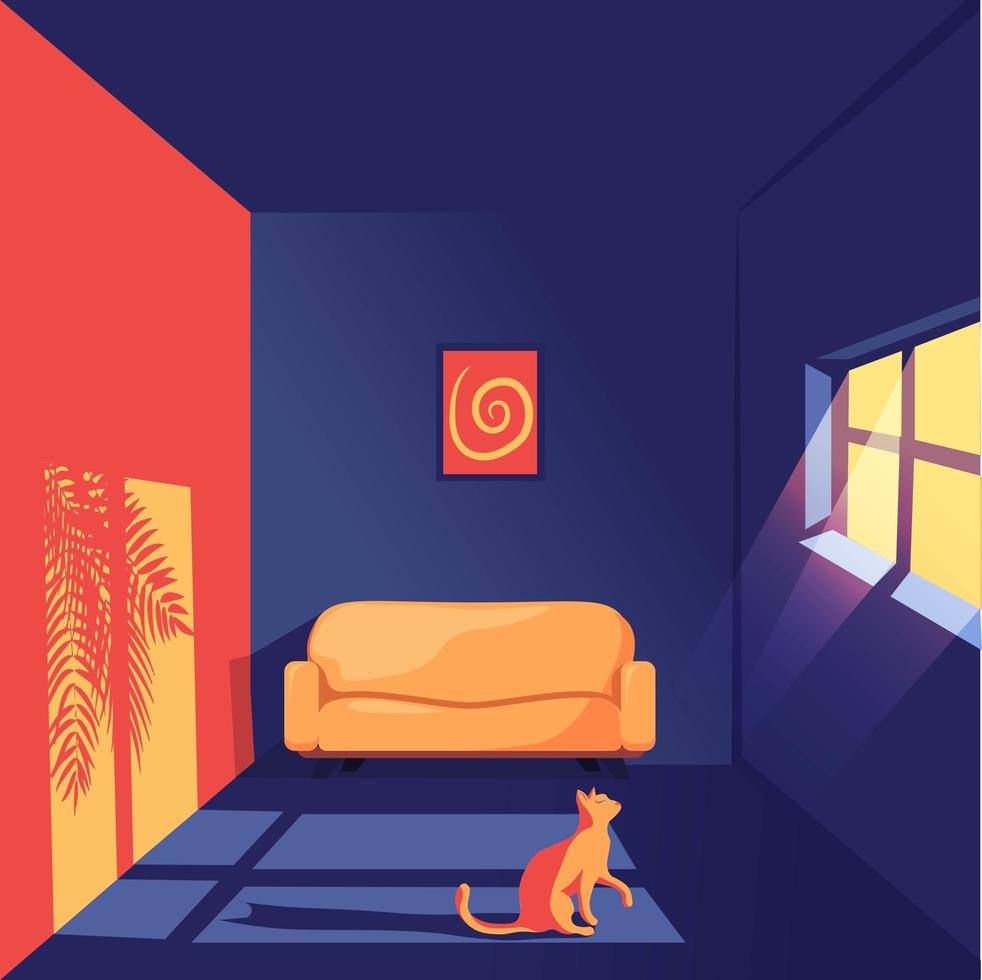 Ilustración 3d de un gato en un cuarto que mira fijamente la ventana. vector