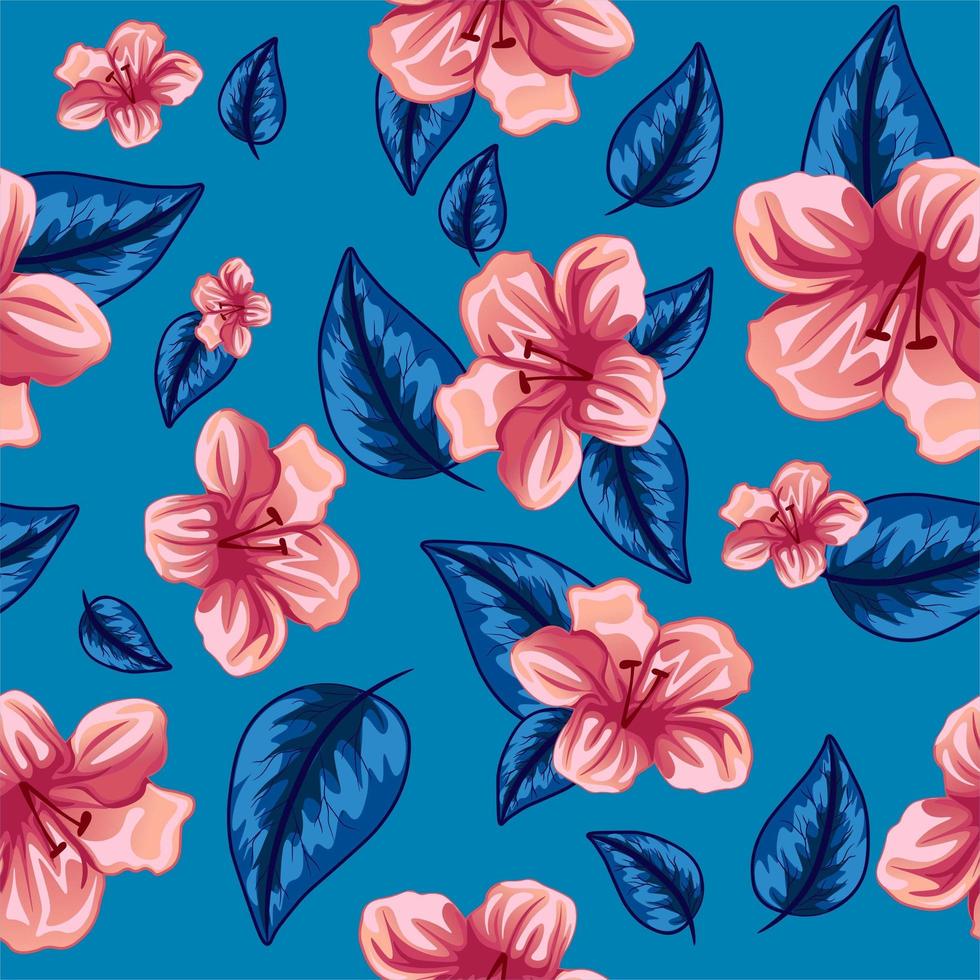 Hibiscus and palm tree pink and blue vector for printing.