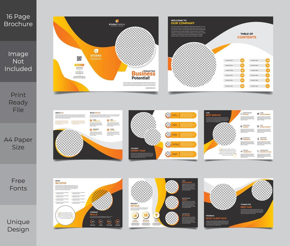 Diseño de plantilla de folleto de 16 páginas en naranja y vector