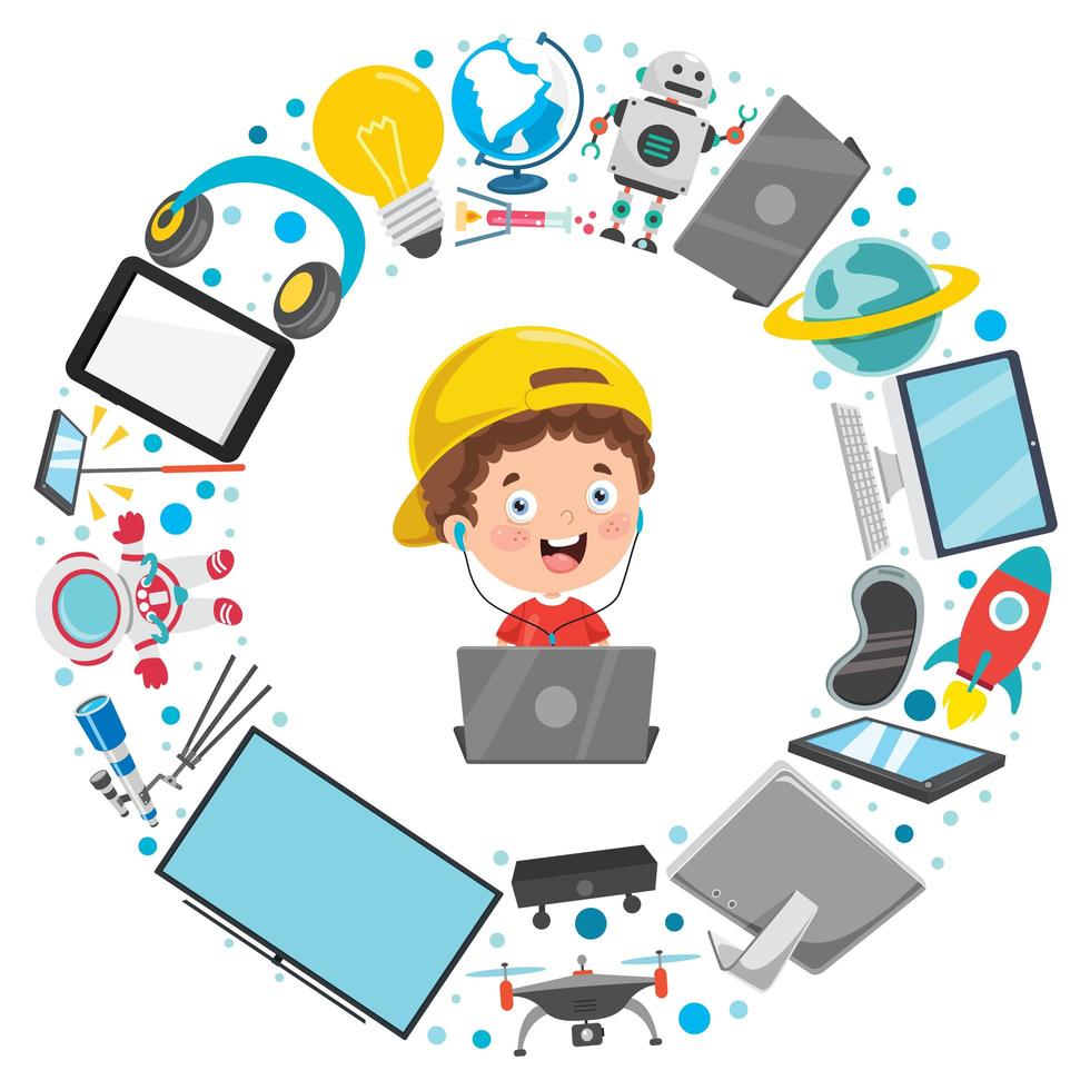 Little Kid And Technology Devices vector