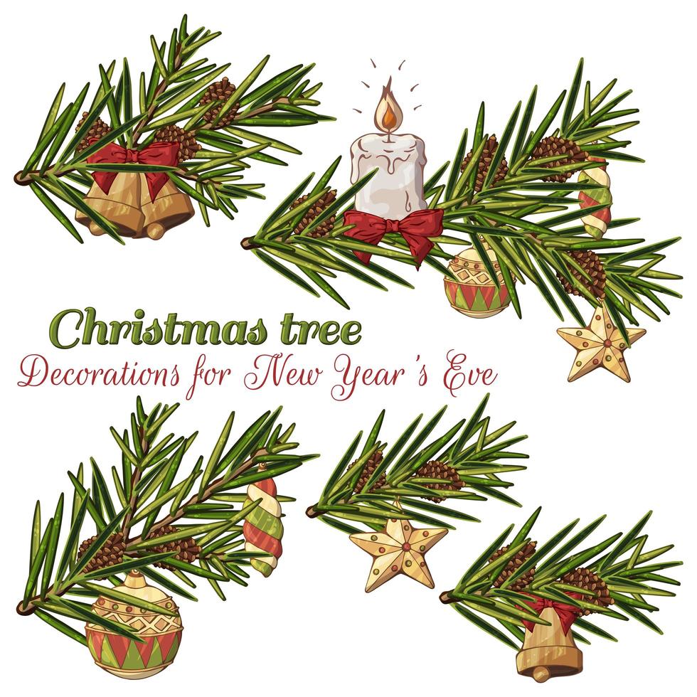 Hand Drawn Branches with Christmas Ornaments vector