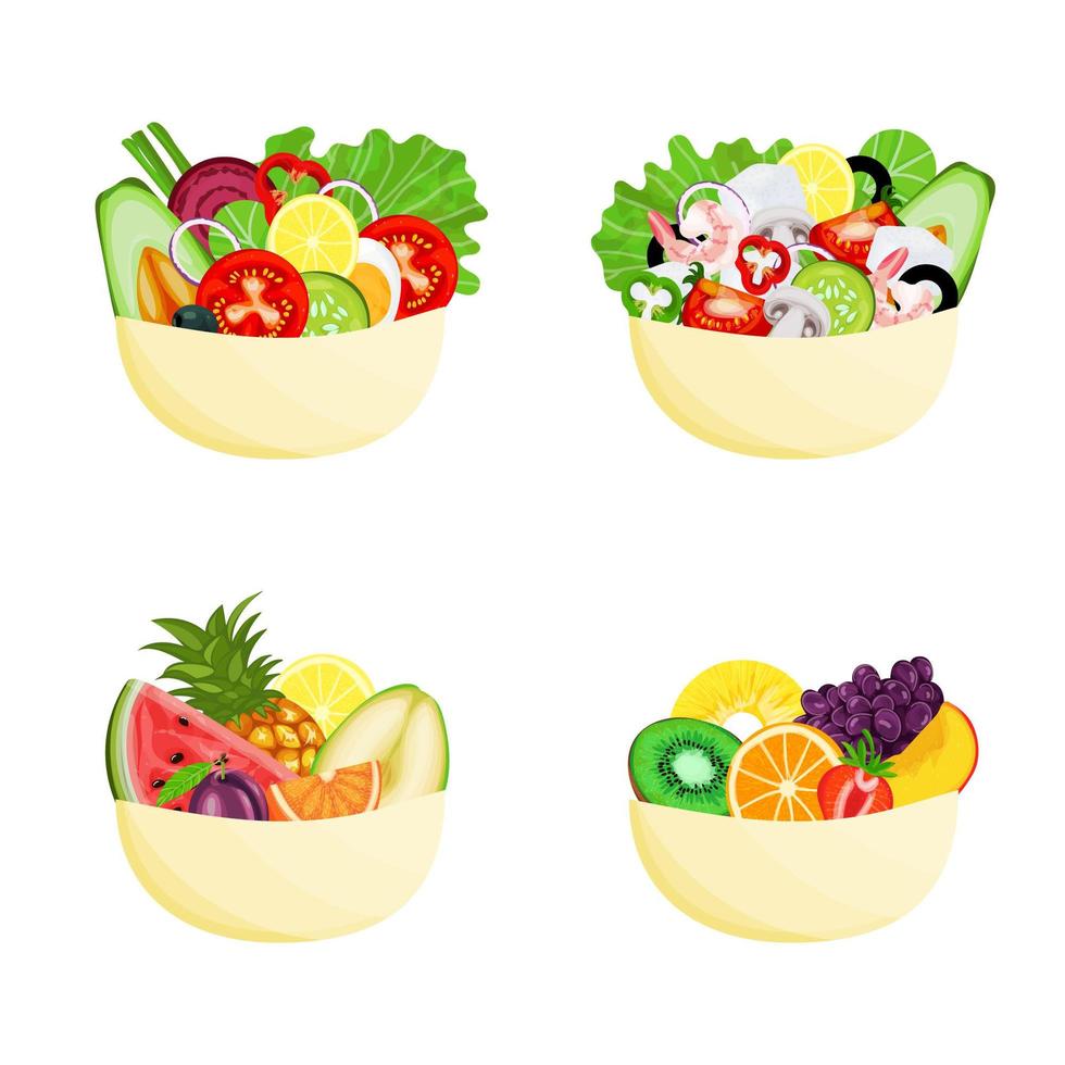 conjunto de tazón de frutas y verduras vector