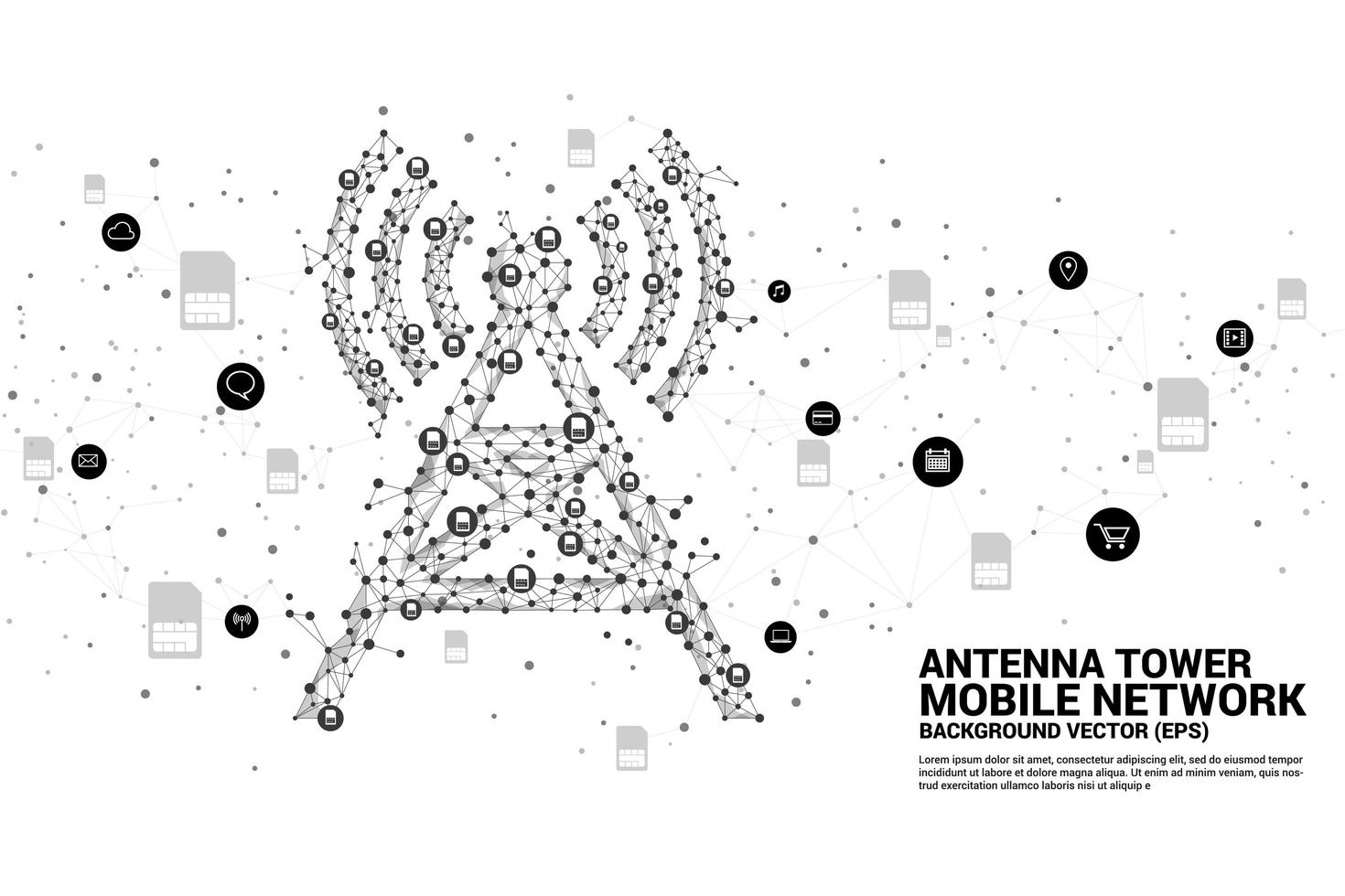 Torre de antena en icono de tarjeta sim de estilo poligonal vector