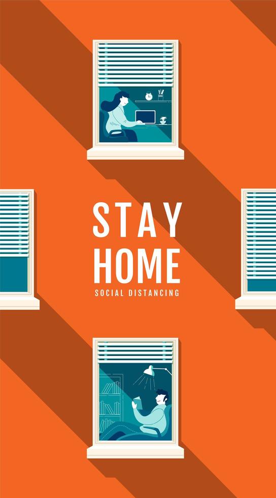 Orange  Social Distancing Poster with People in Windows vector