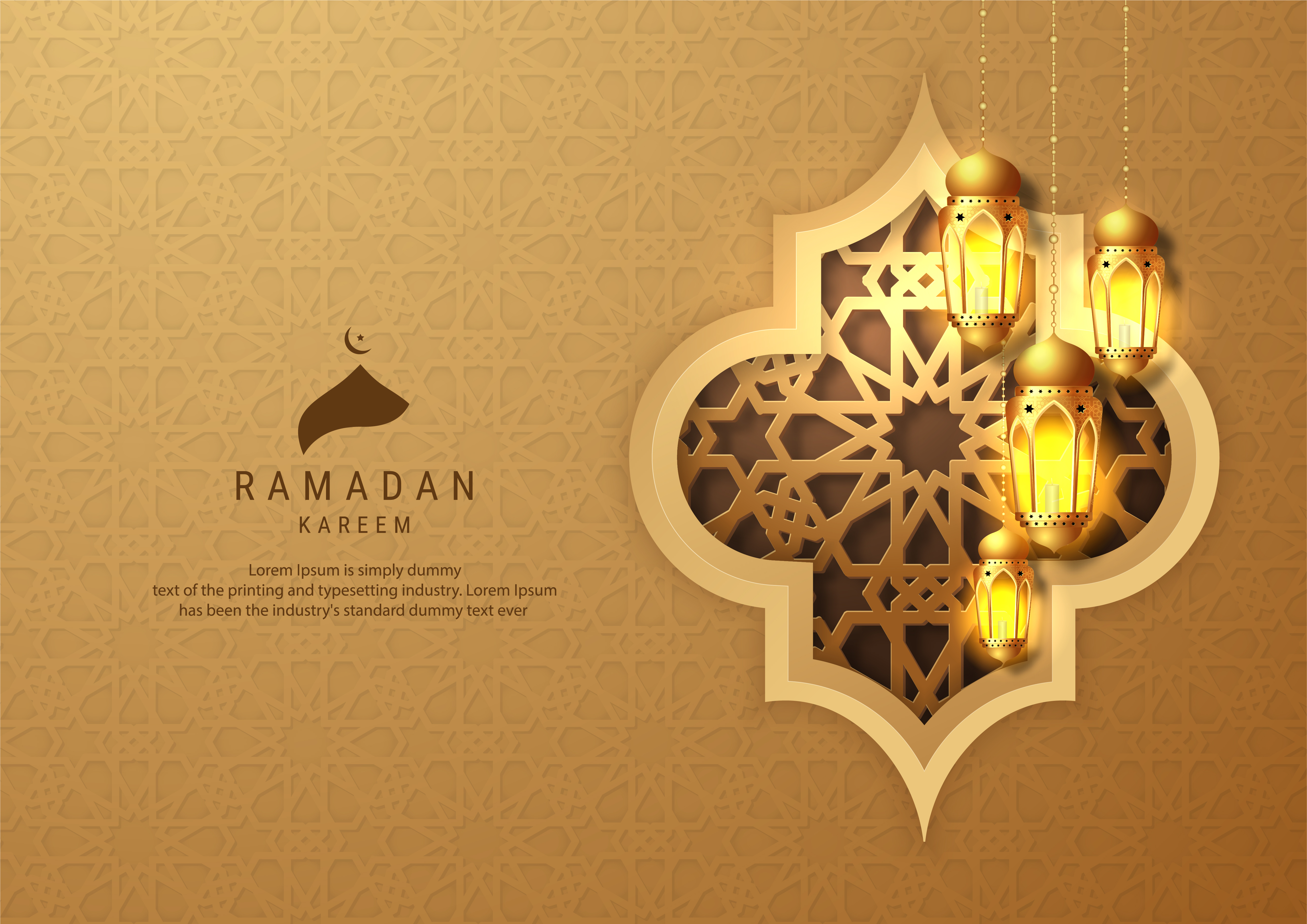 Ramadan Kareem Gold Hanging Lanterns on Embossed Background - Download