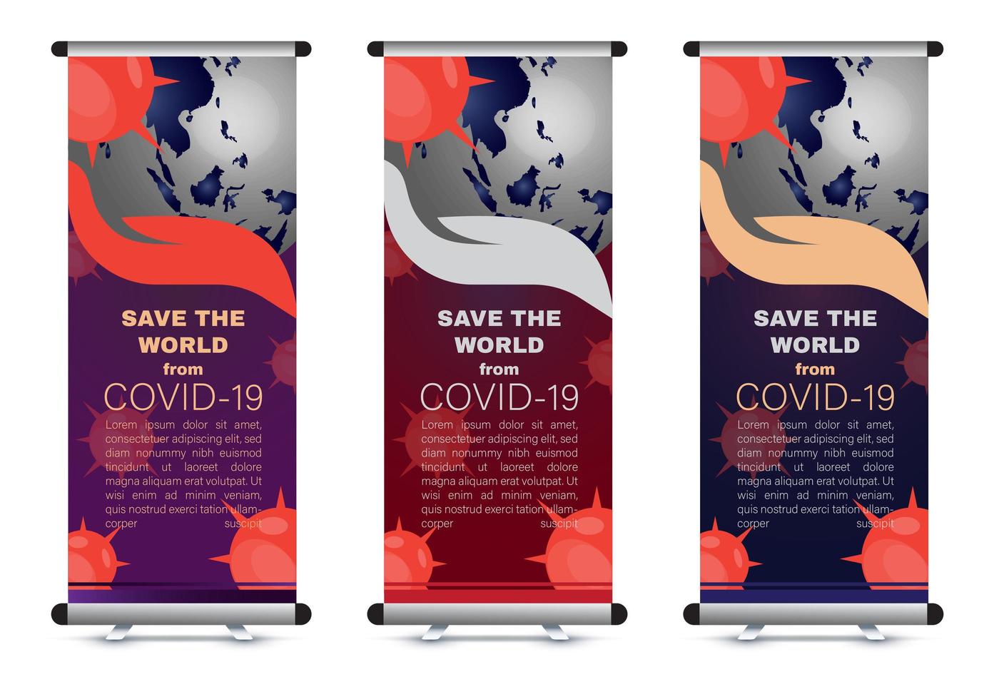 corona virus roll up banner con globo vector