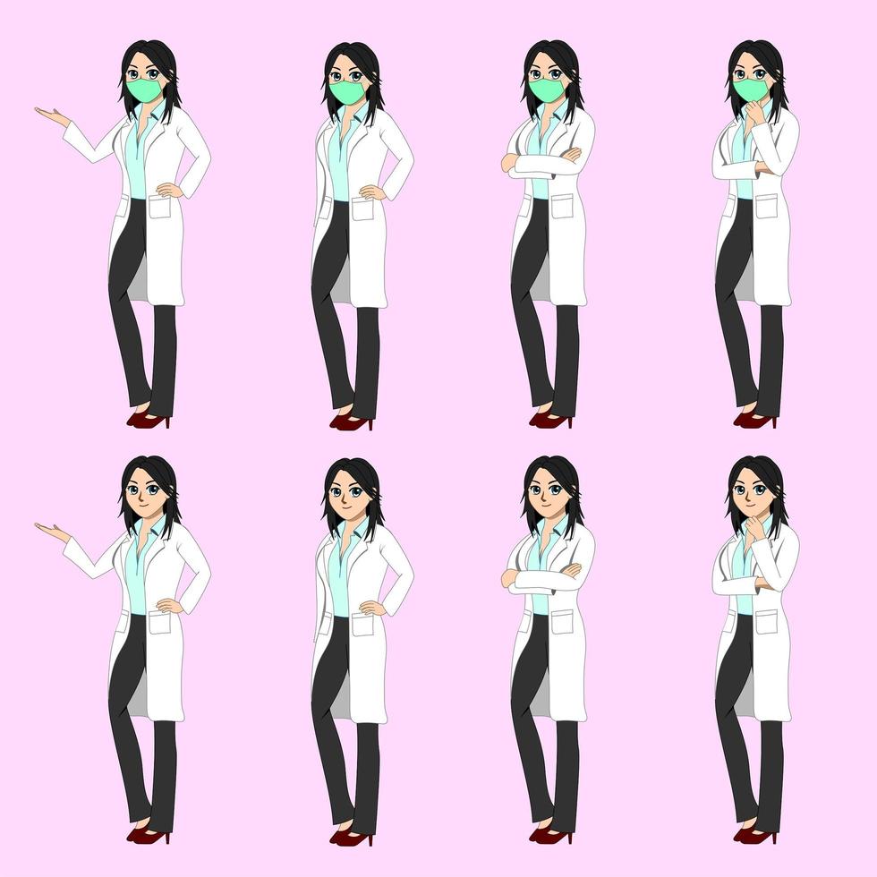 Female doctor set with and without mask vector