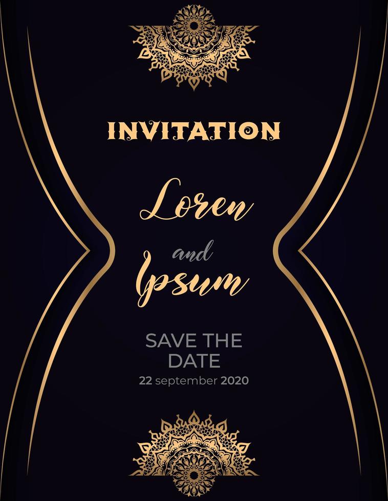 invitación de mandala de boda de oro y negro de lujo vector