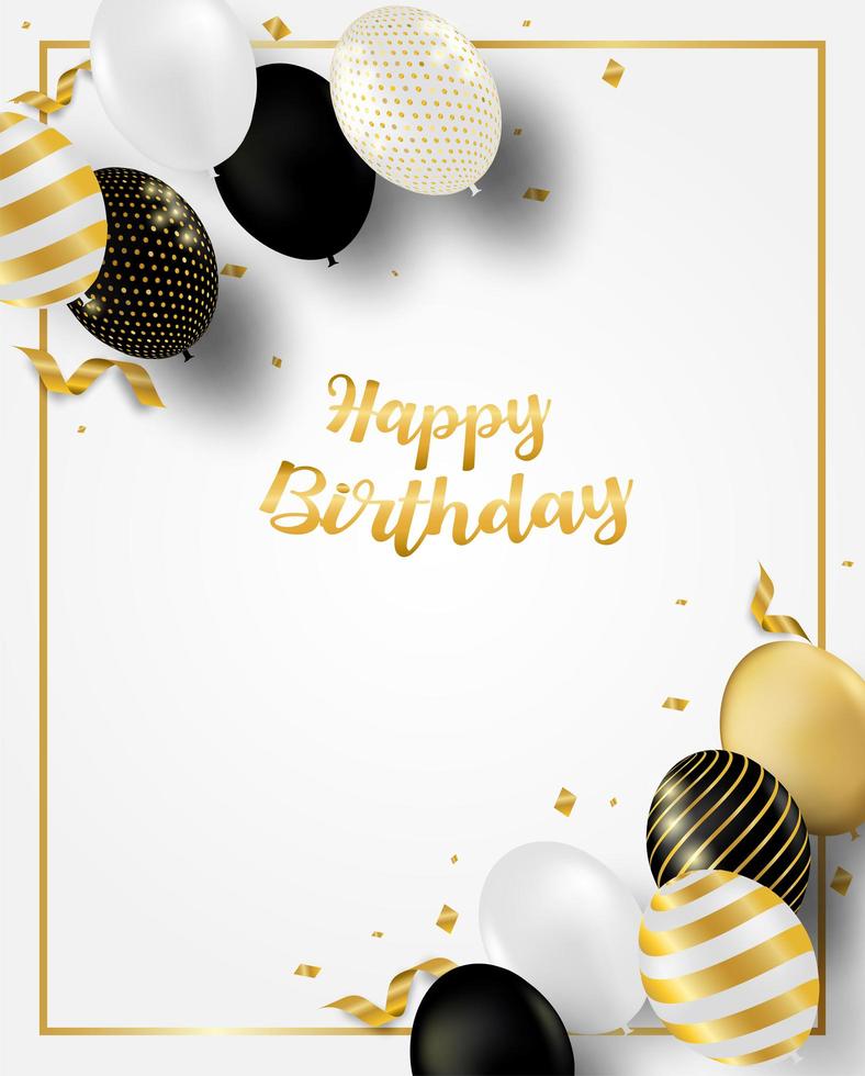 Vertical Birthday Card with Ballons and Golden Frame vector