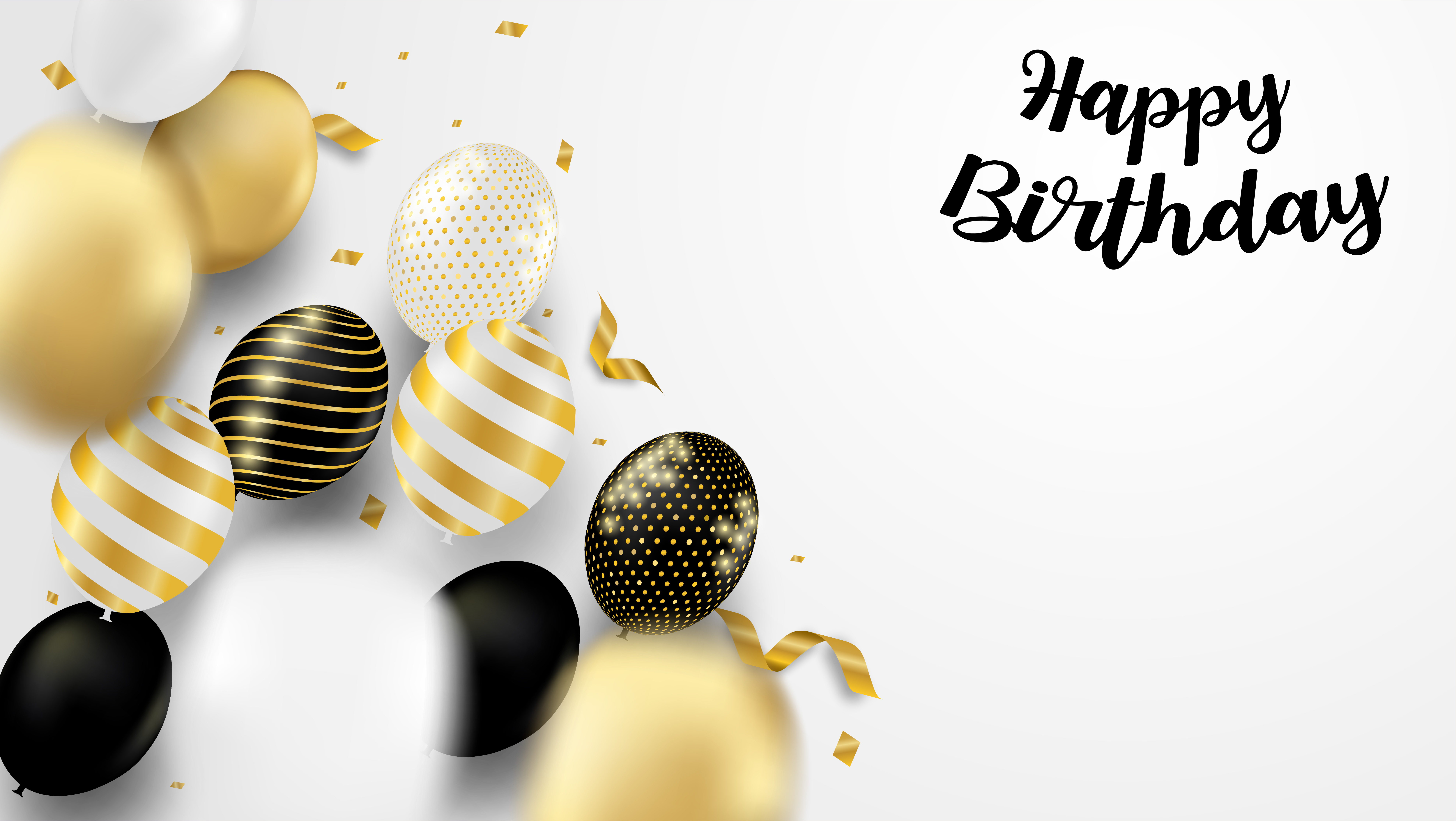 tarjeta de cumpleaños con globos negros, blancos y dorados ...