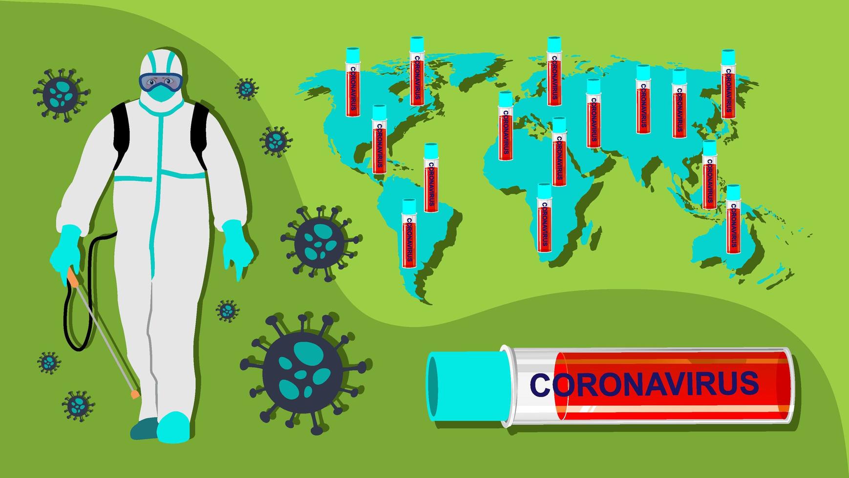 persona en traje de materiales peligrosos y mapa con coronavirus vector