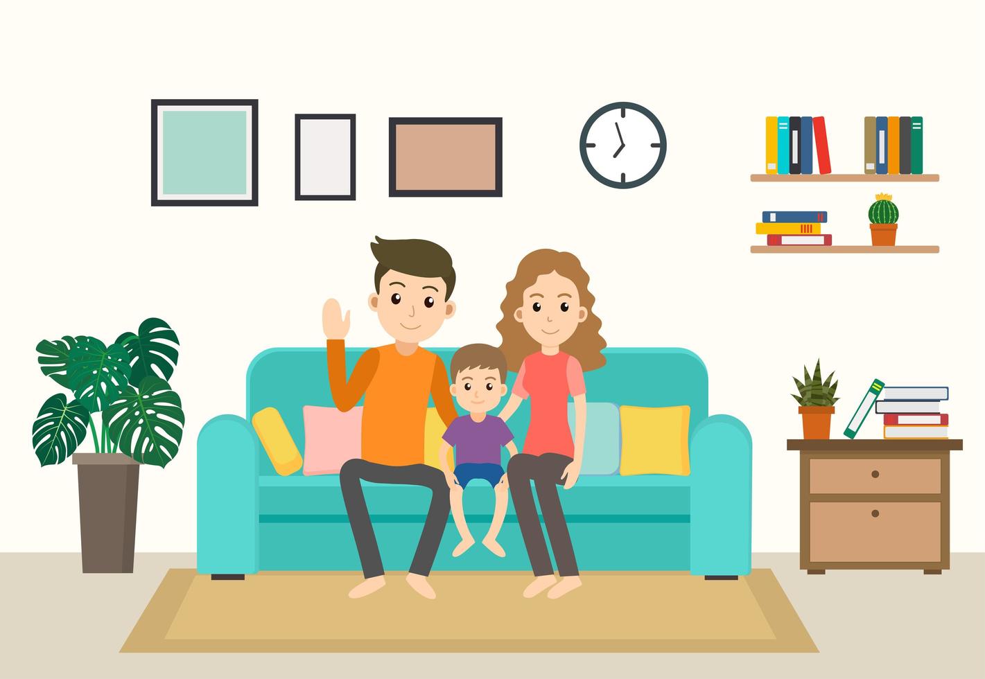 familia feliz de dibujos animados en el sofá en casa vector