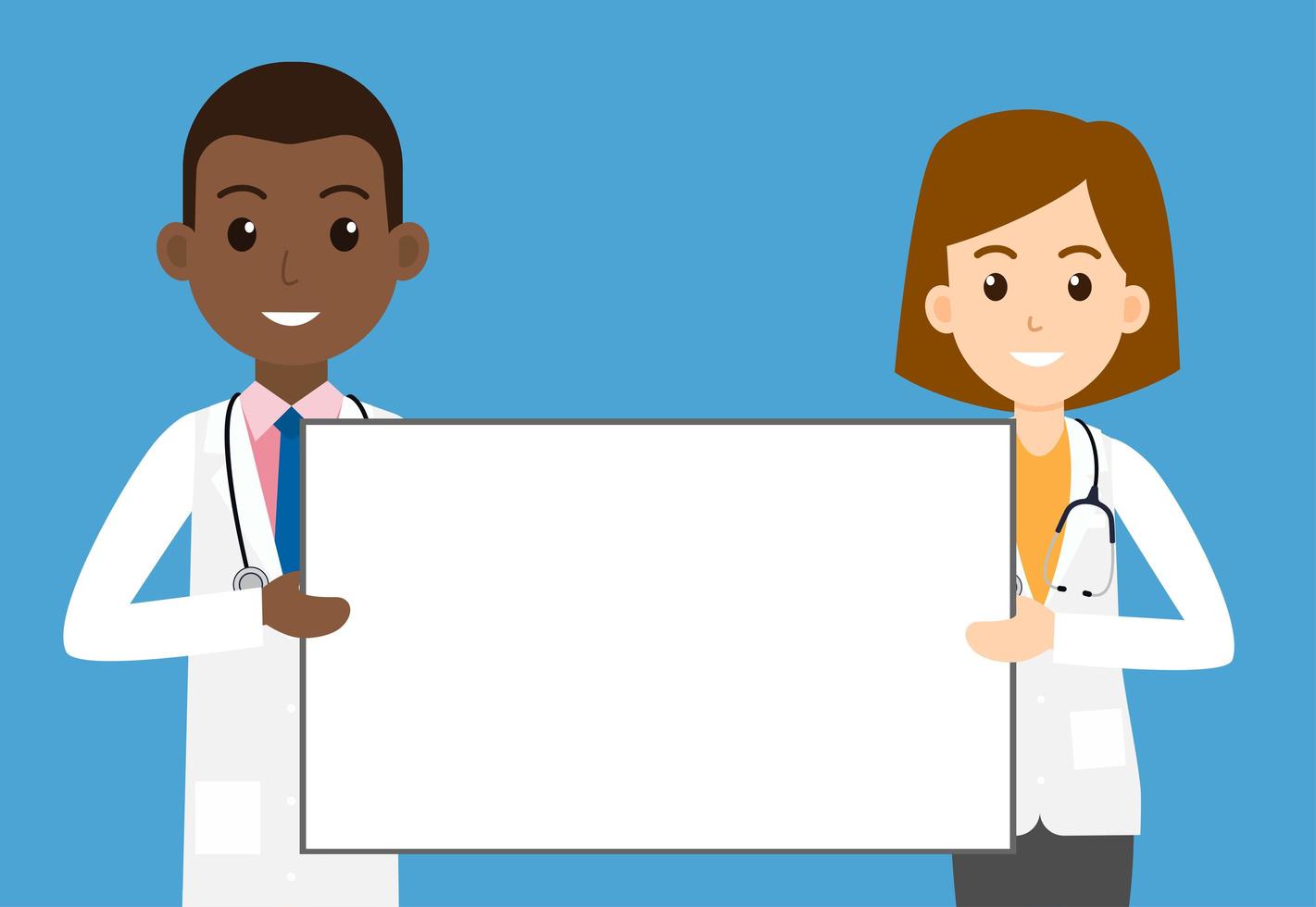 Female and Male Doctors Holding Blank Sign on Blue  vector