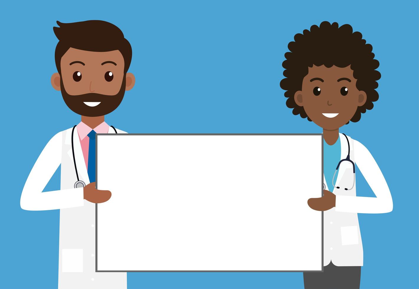 Médicos minoritarios masculinos y femeninos con cartel vector
