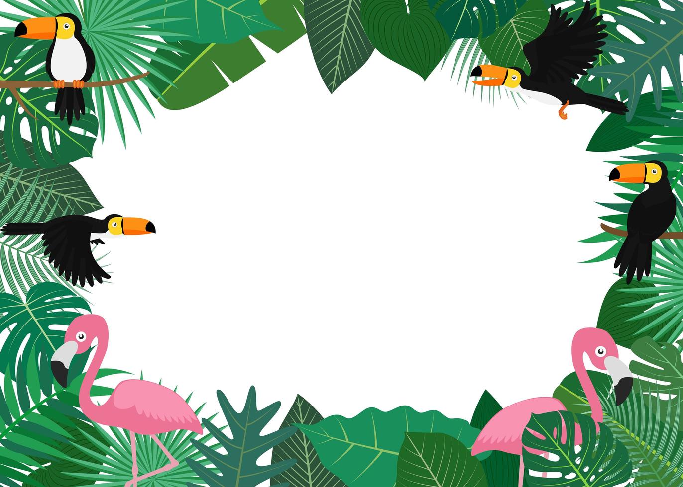 Tropical Leaves Frame with Toucans and Flamingos  vector