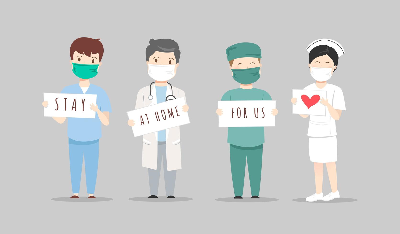 Doctors and Nurses with Stay at Home For Us Signs vector