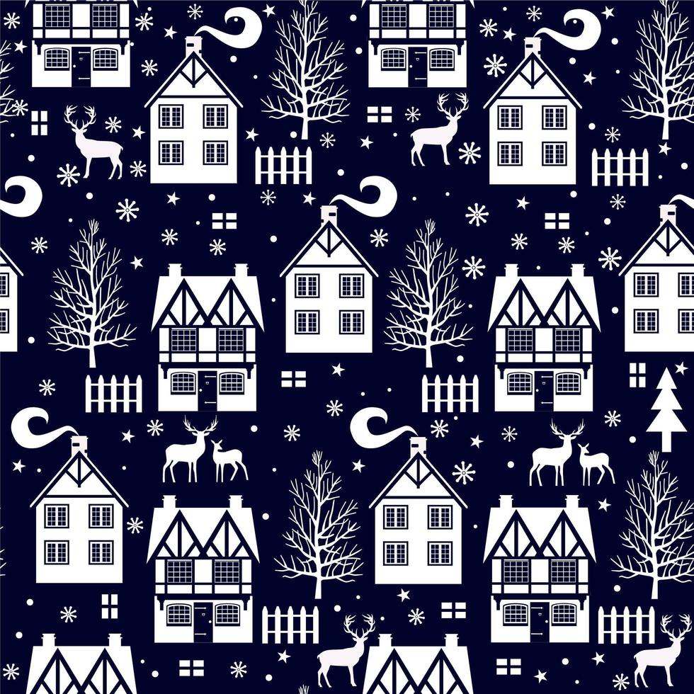 Winter Christmas Seamless Pattern with Cottages and Deer vector