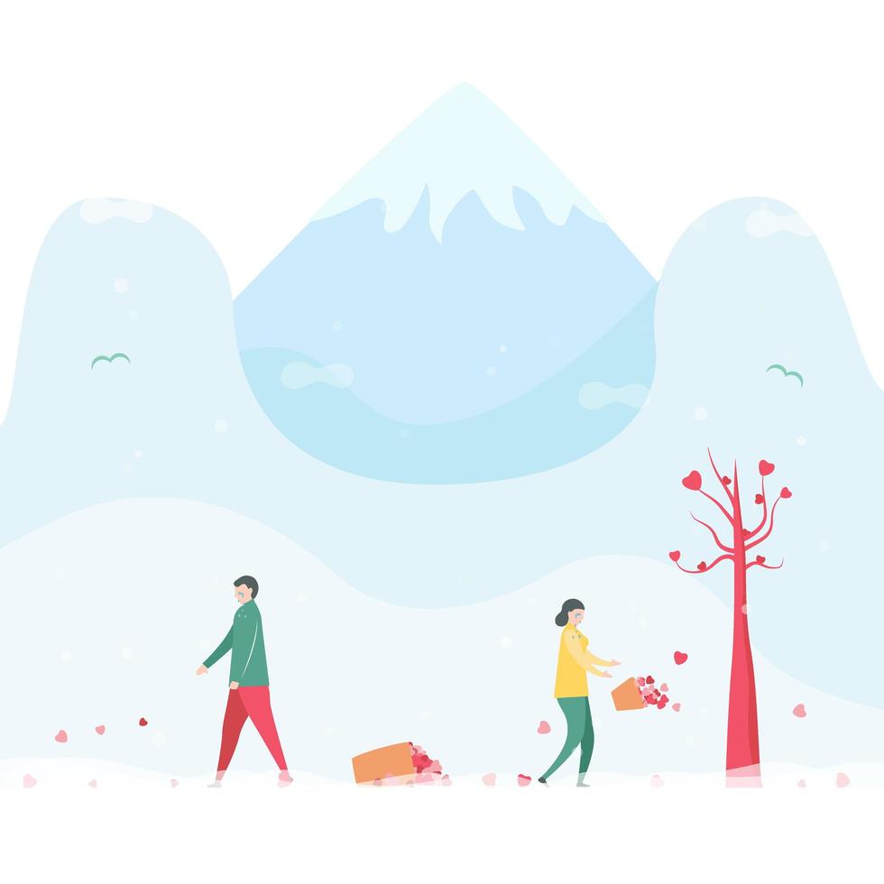 Sad couple dropping baskets of  hearts in winter vector