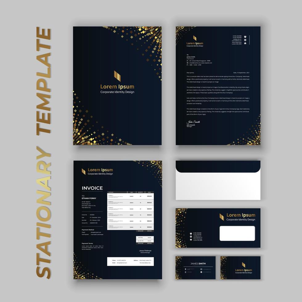 Branding Identity Set with Gold Sparkles on Dark Blue vector