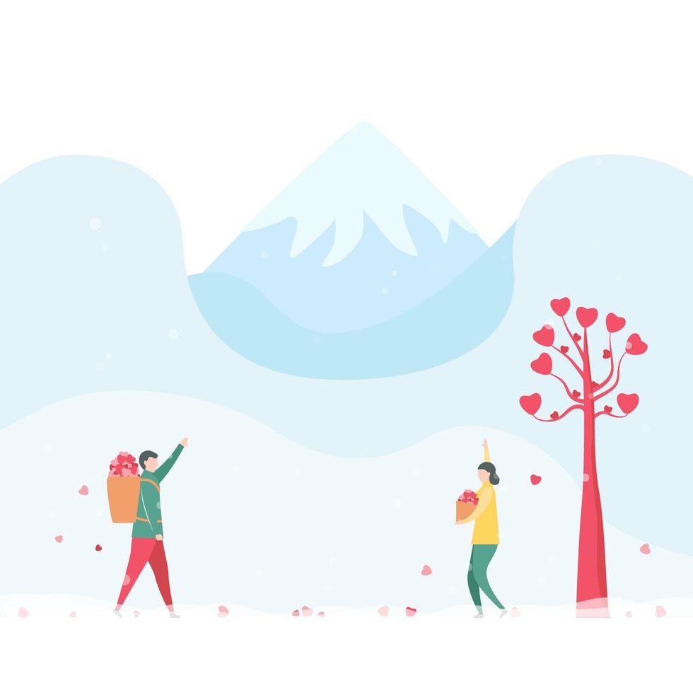 Man Gathers Hearts for Woman in Mountain Scene vector